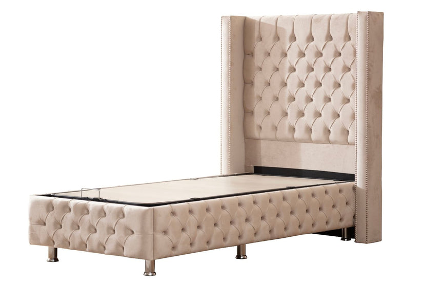 Lit coffre - Clouté - 1 place - Beige