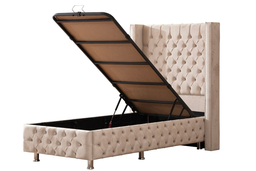 Lit coffre - Clouté - 1 place - Beige