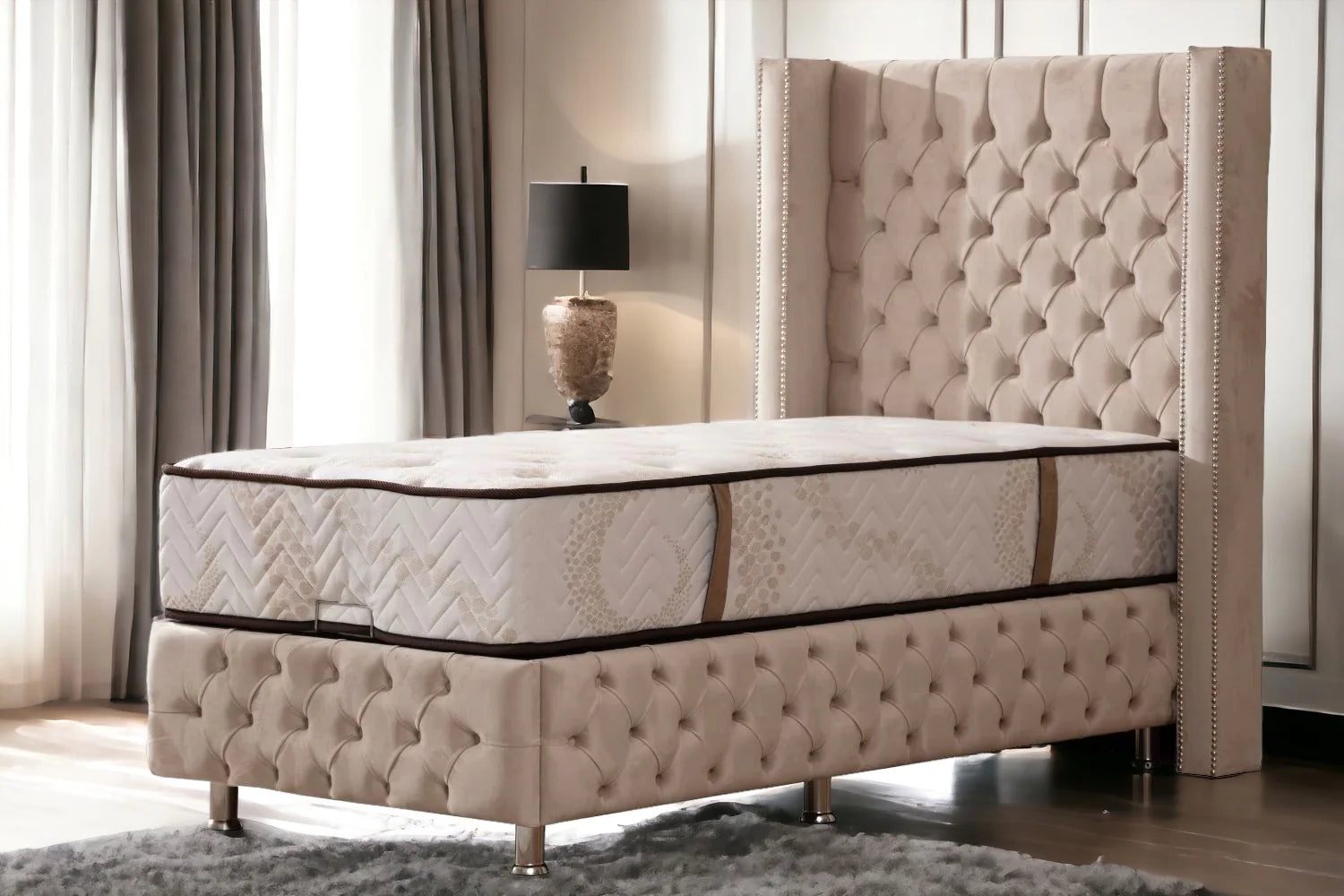 Lit coffre - Clouté - 1 place - Beige