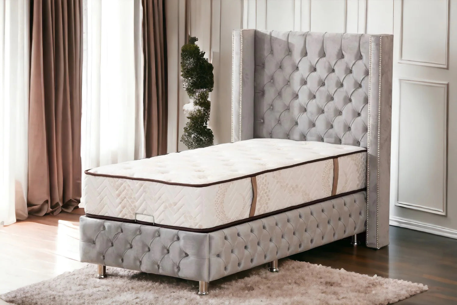 Lit coffre - Clouté - 1 place - Gris