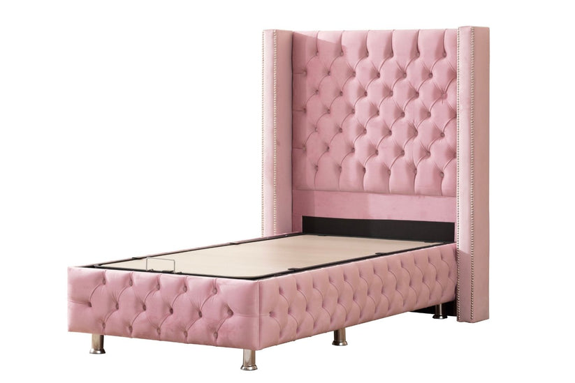Lit coffre - Clouté - 1 place - Rose
