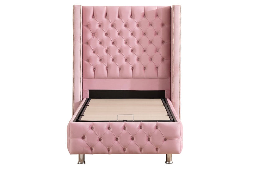 Lit coffre - Clouté - 1 place - Rose