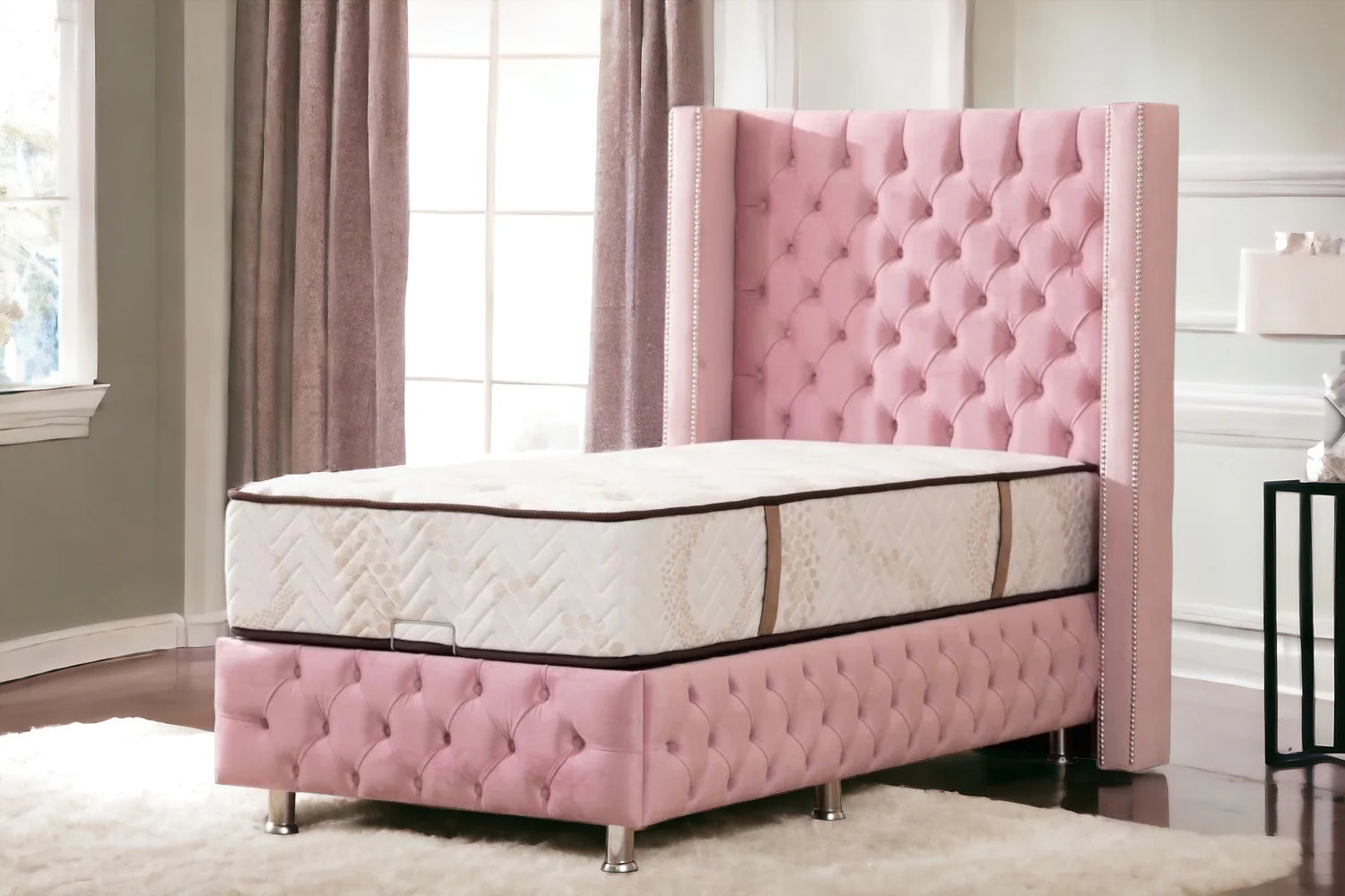 Lit coffre - Clouté - 1 place - Rose