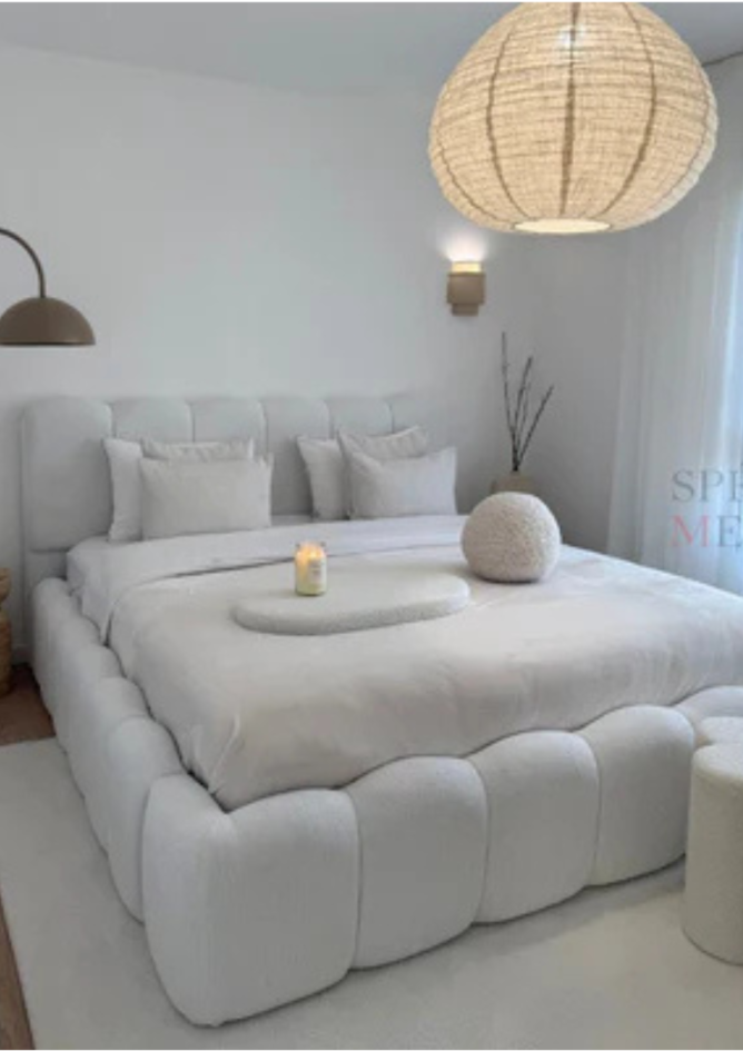 Lit coffre ALYA - Tissu chenille - Blanc cassé