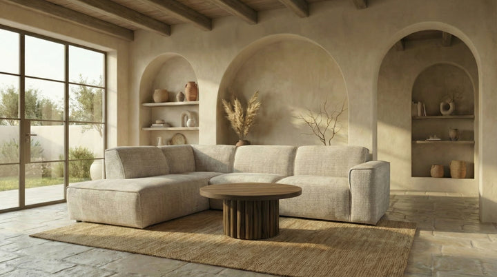 Canapé d'angle COLETTE - Tissu chenille - Beige