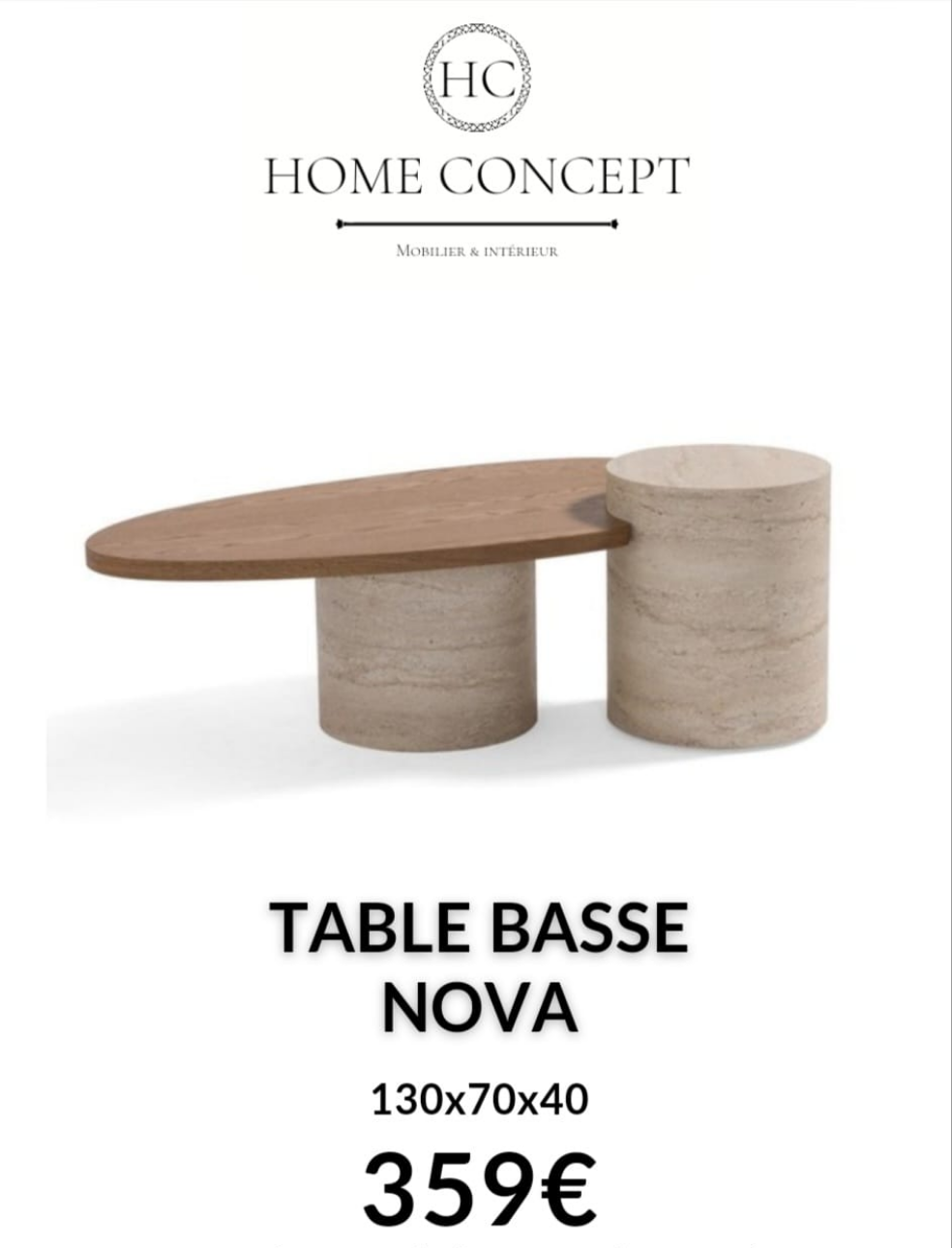 Table basse NOVA - Effet travertin & Bois