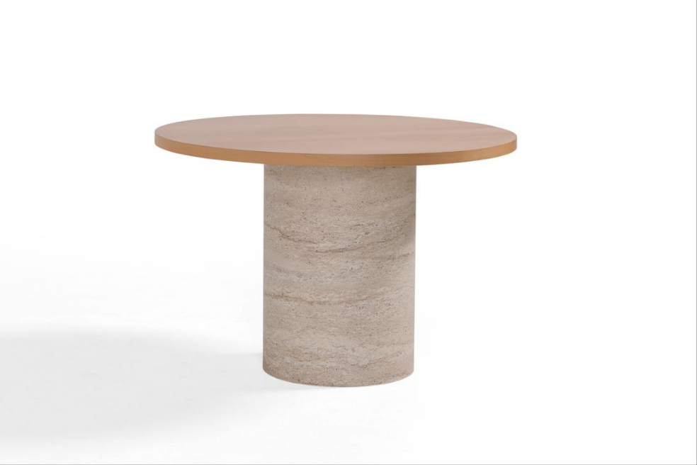 Table de repas Prague - effet Travertin & Bois - ronde (110 cm)