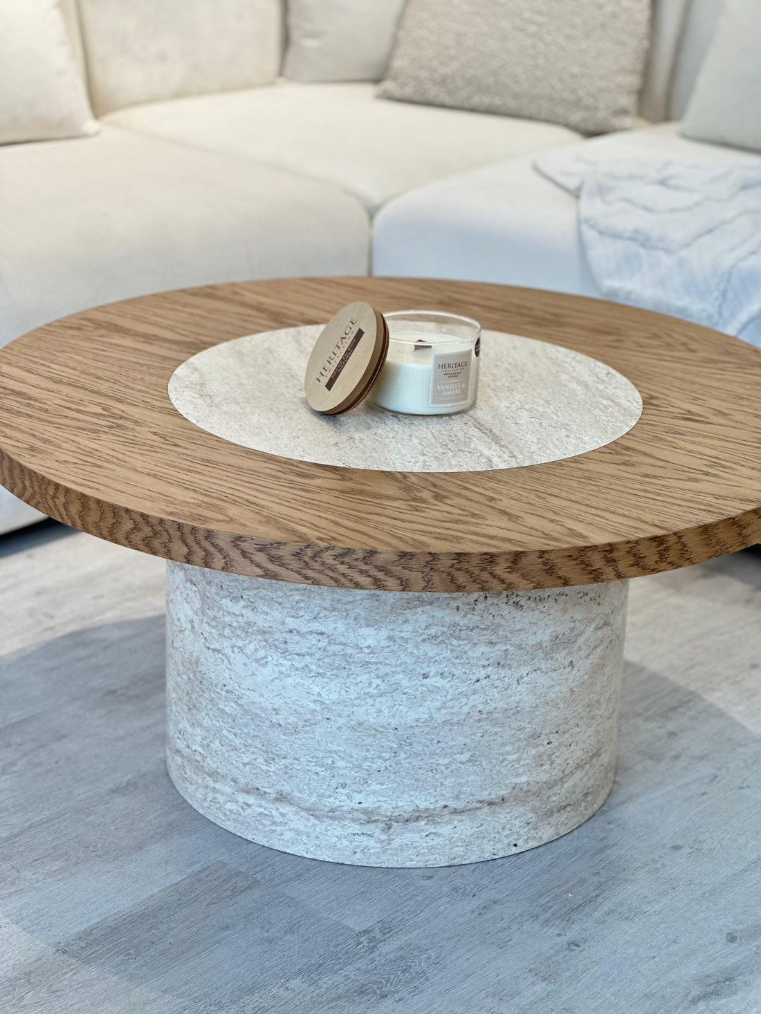 Table basse PRAGUE - Effet travertin & Bois - Ronde (90 cms)