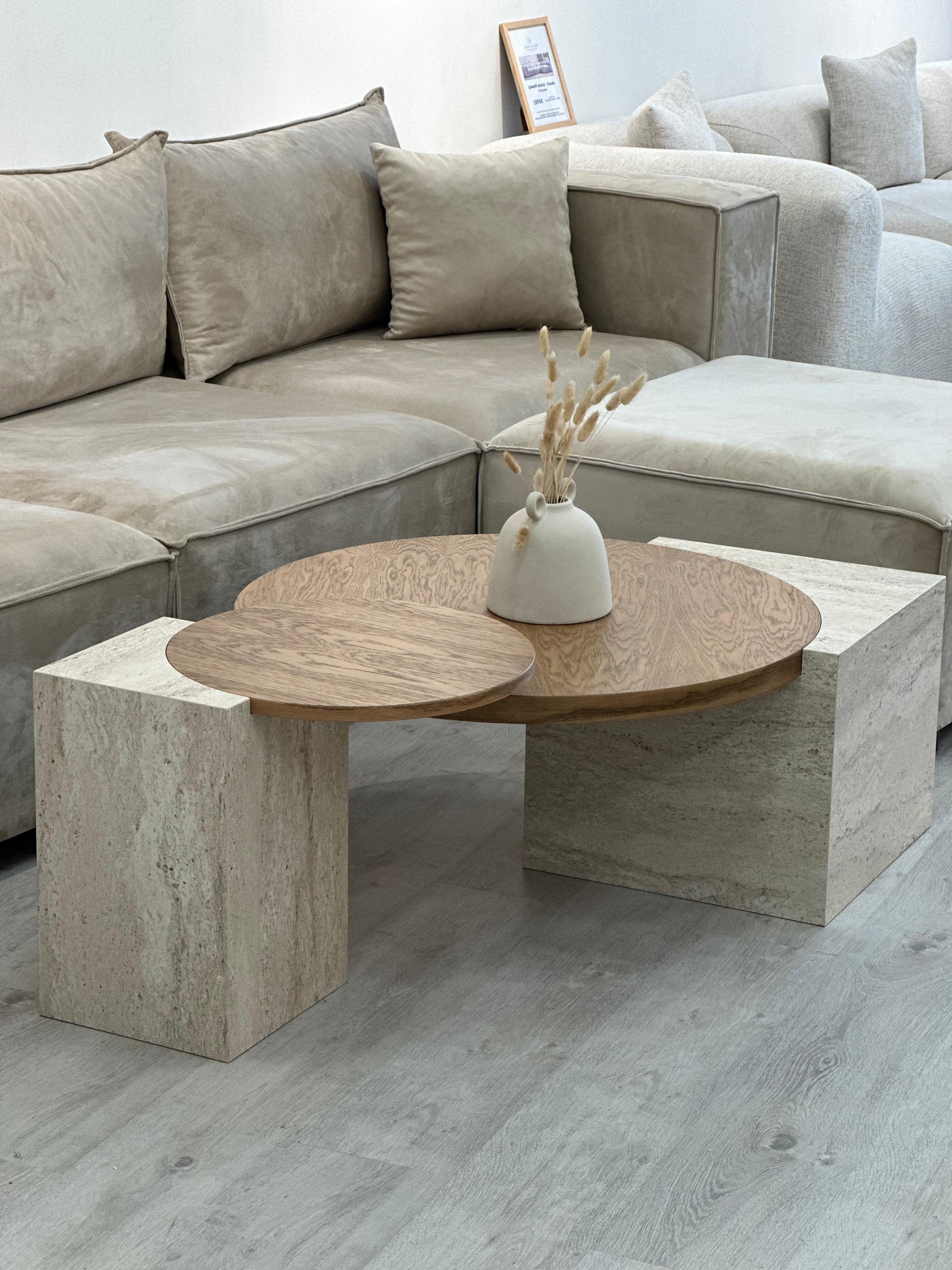Tables basse gigogne WOOD - Effet travertin & Bois