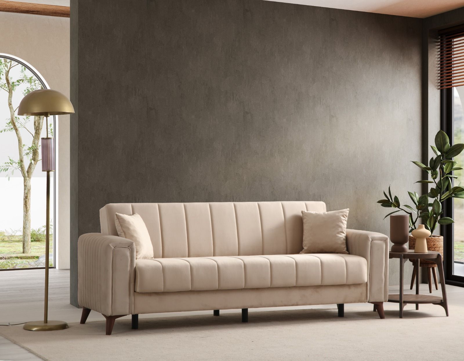 Canapé convertible NOVA - Velours - Beige