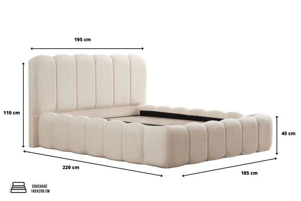 Lit coffre ALYA - Tissu chenille - Blanc cassé