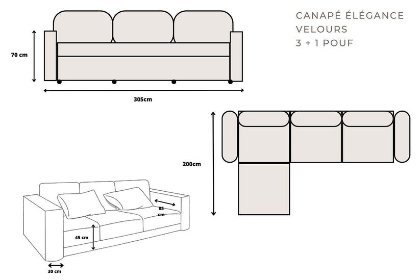Canapé modulable - Elégance 3+1 - Velours - Beige