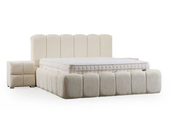 Lit coffre ALYA - Tissu chenille - Blanc cassé