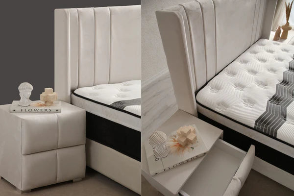 Lit coffre ALMA - Velours - Blanc cassé