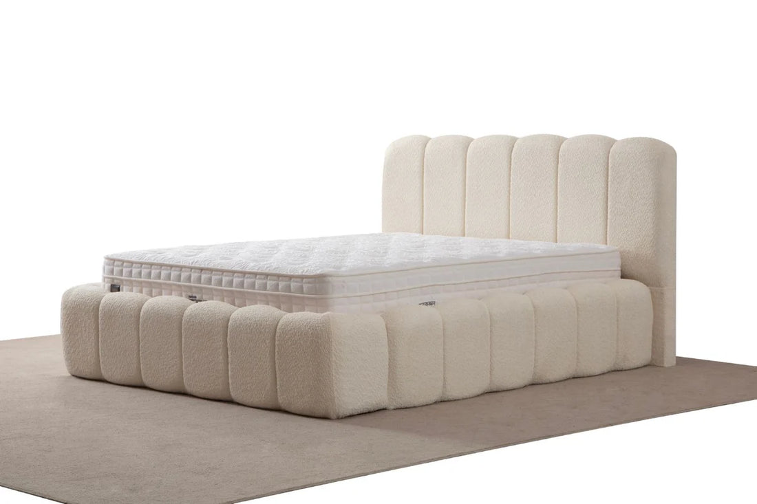 Lit coffre ALYA - Tissu chenille - Blanc cassé
