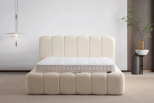 Lit coffre ALYA - Tissu chenille - Blanc cassé