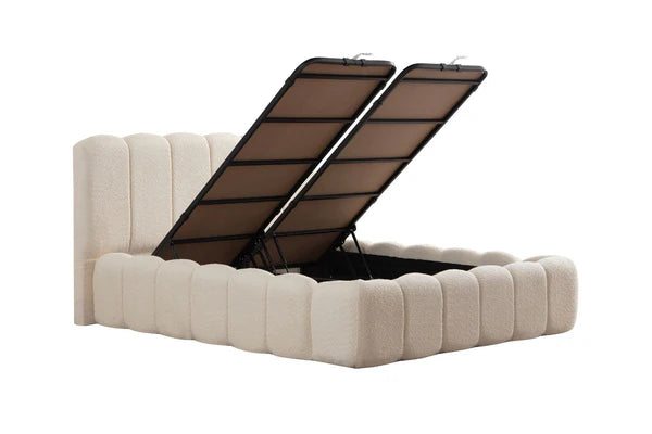 Lit coffre ALYA - Tissu chenille - Blanc cassé