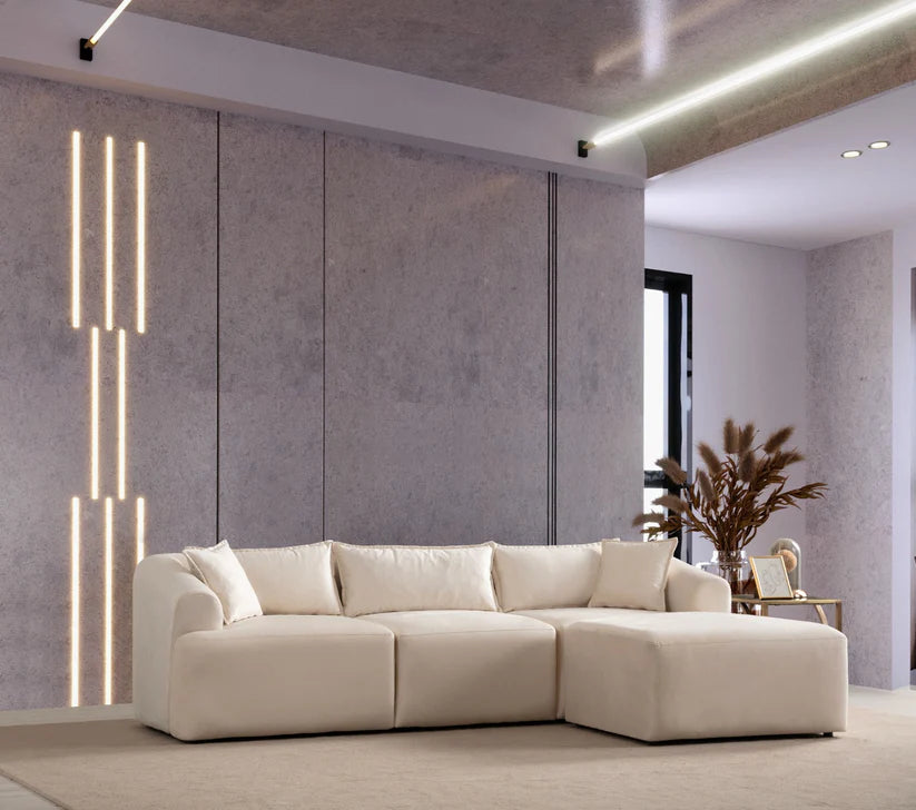 Canapé d'angle MILA - Velours - Blanc cassé