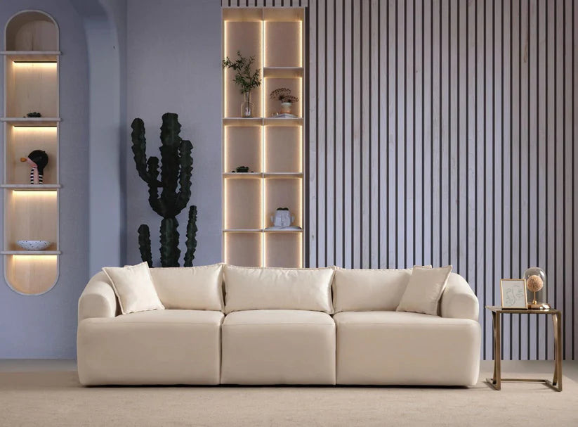 Canapé d'angle MILA - Velours - Blanc cassé