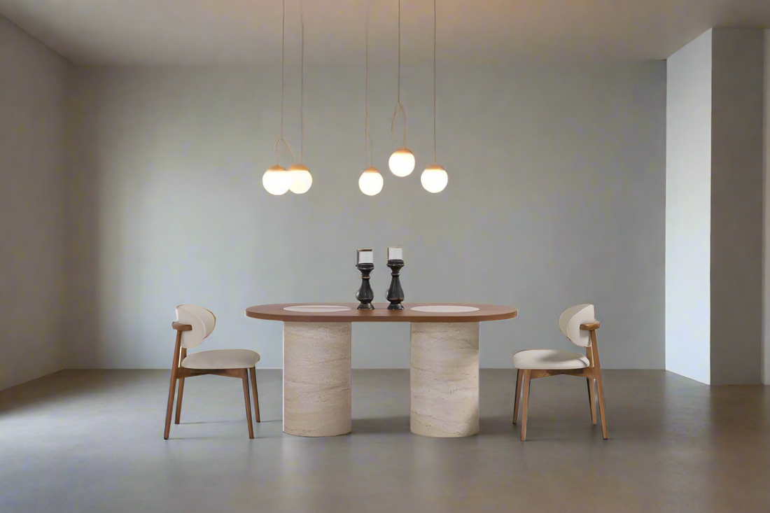 Table de repas Horizon 170 cm - Effet travertin & bois