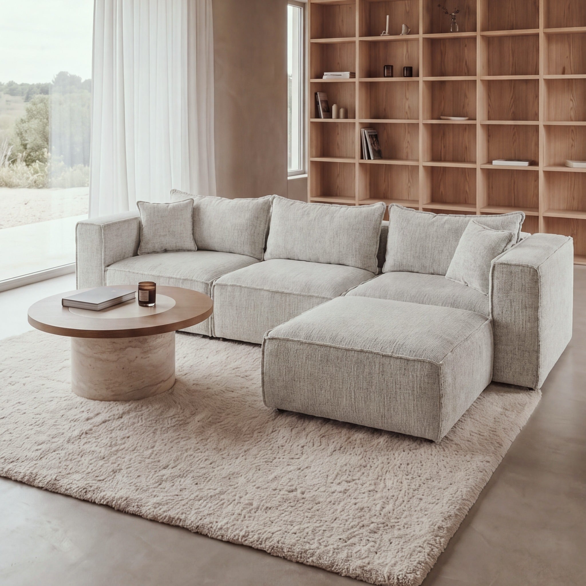 Canapé modulable ELEGANCE 3+1 en chenille blanc cassé