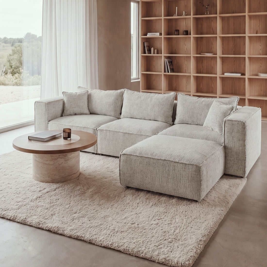Canapé modulable ELEGANCE 3+1 en chenille blanc cassé