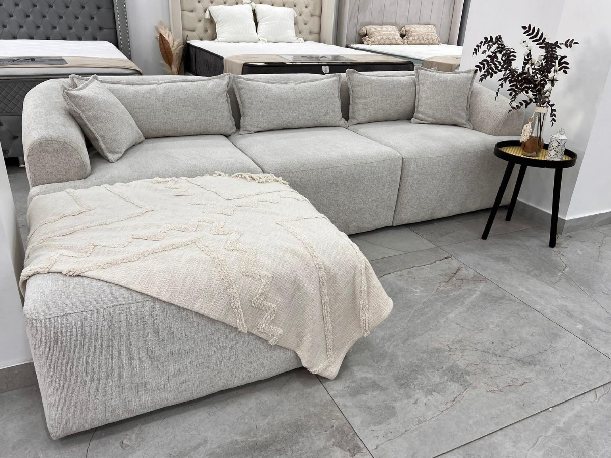 Canapé d'angle MILA - Chenille - Blanc cassé