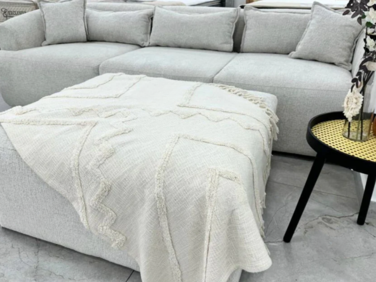 Canapé d'angle MILA - Chenille - Blanc cassé